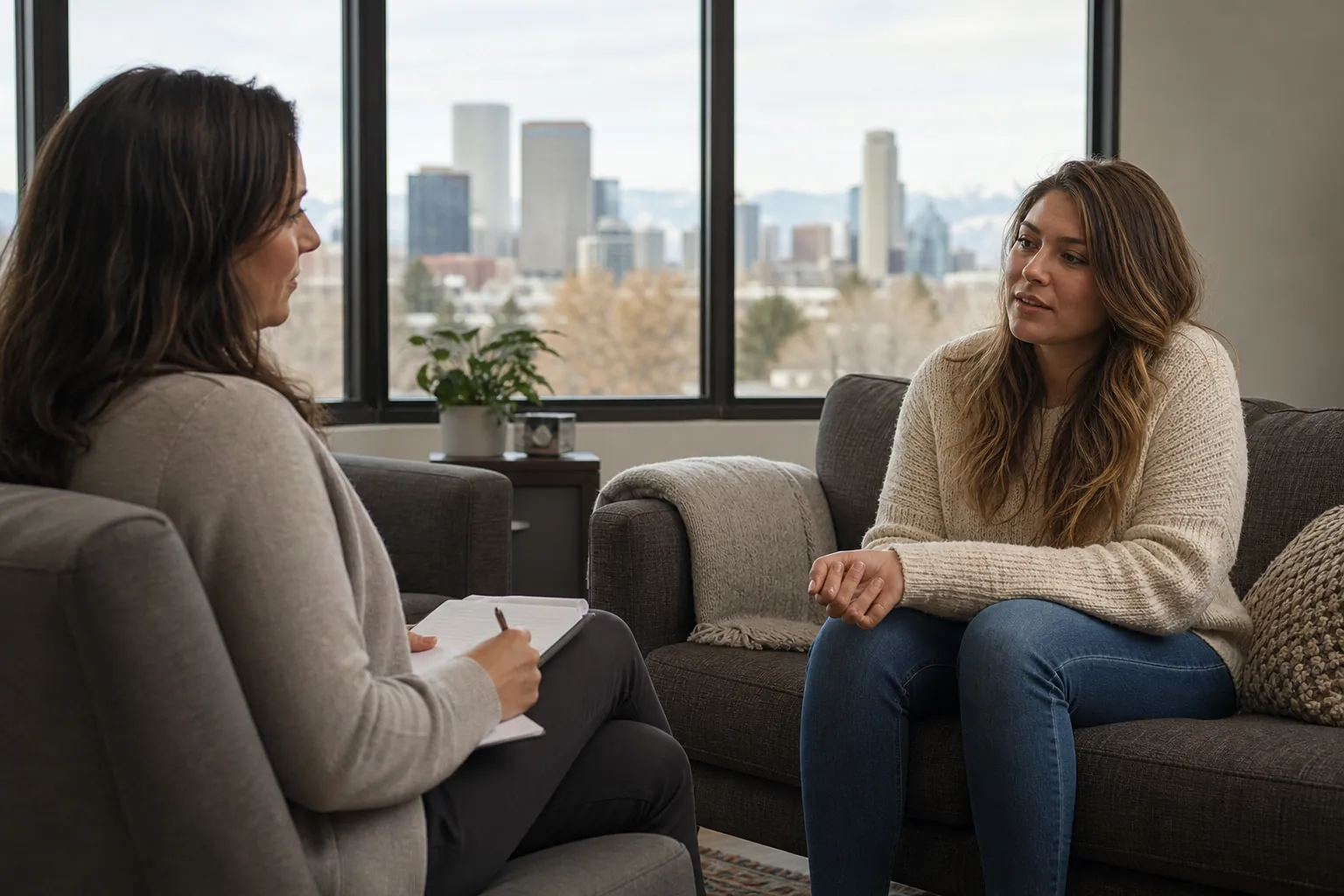 Two Women in a Counseling Session With City Views Two women sit facing each other in an office, one holding a pen and notebook, with a city skyline beyond large windows.