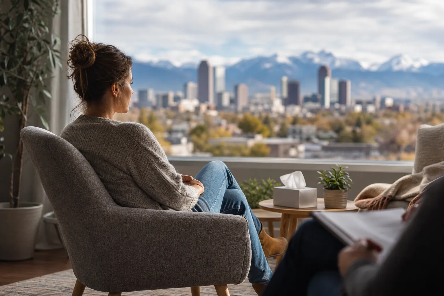 Woman Seated in a Calm Therapy Setting A woman sits in an armchair facing a window with city and mountain views, while another person holds a notebook nearby.