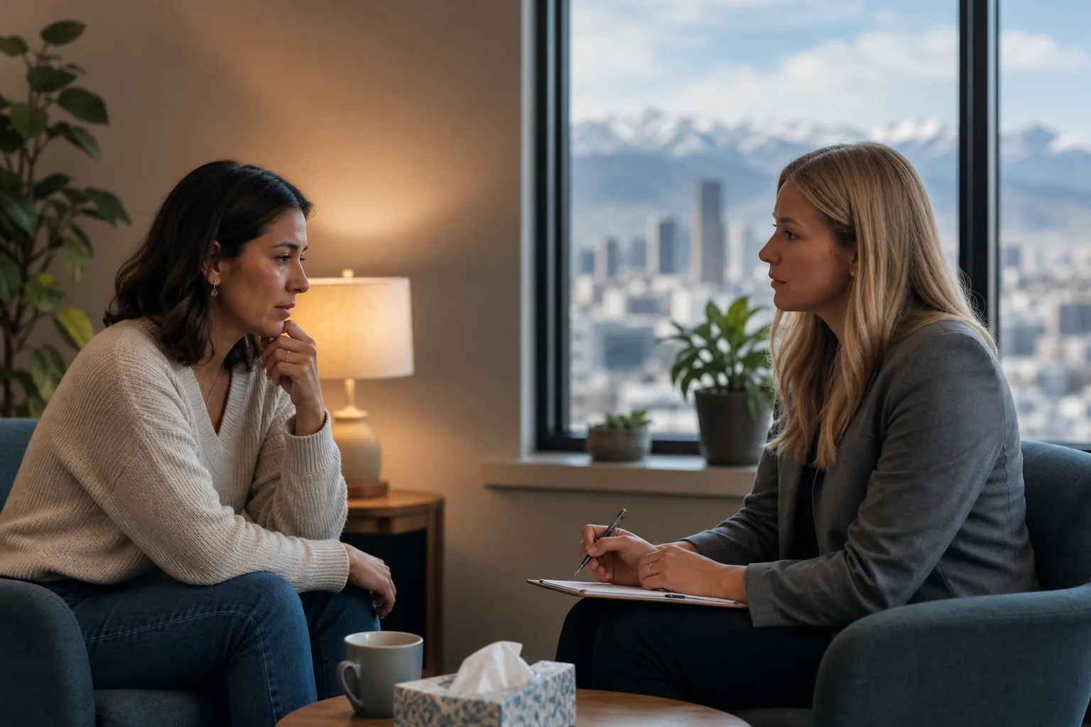 Two Women Talking in a Therapy Office Two women sit facing each other in a therapy office, one holding a pen and clipboard, with mountains visible through the window.