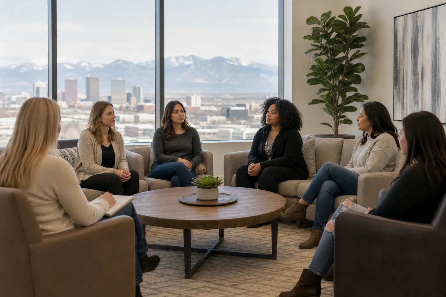 Women's Group Session With City and Mountain Views Six women sit in a circle around a wooden coffee table in a bright room overlooking a city skyline and snowy mountains.