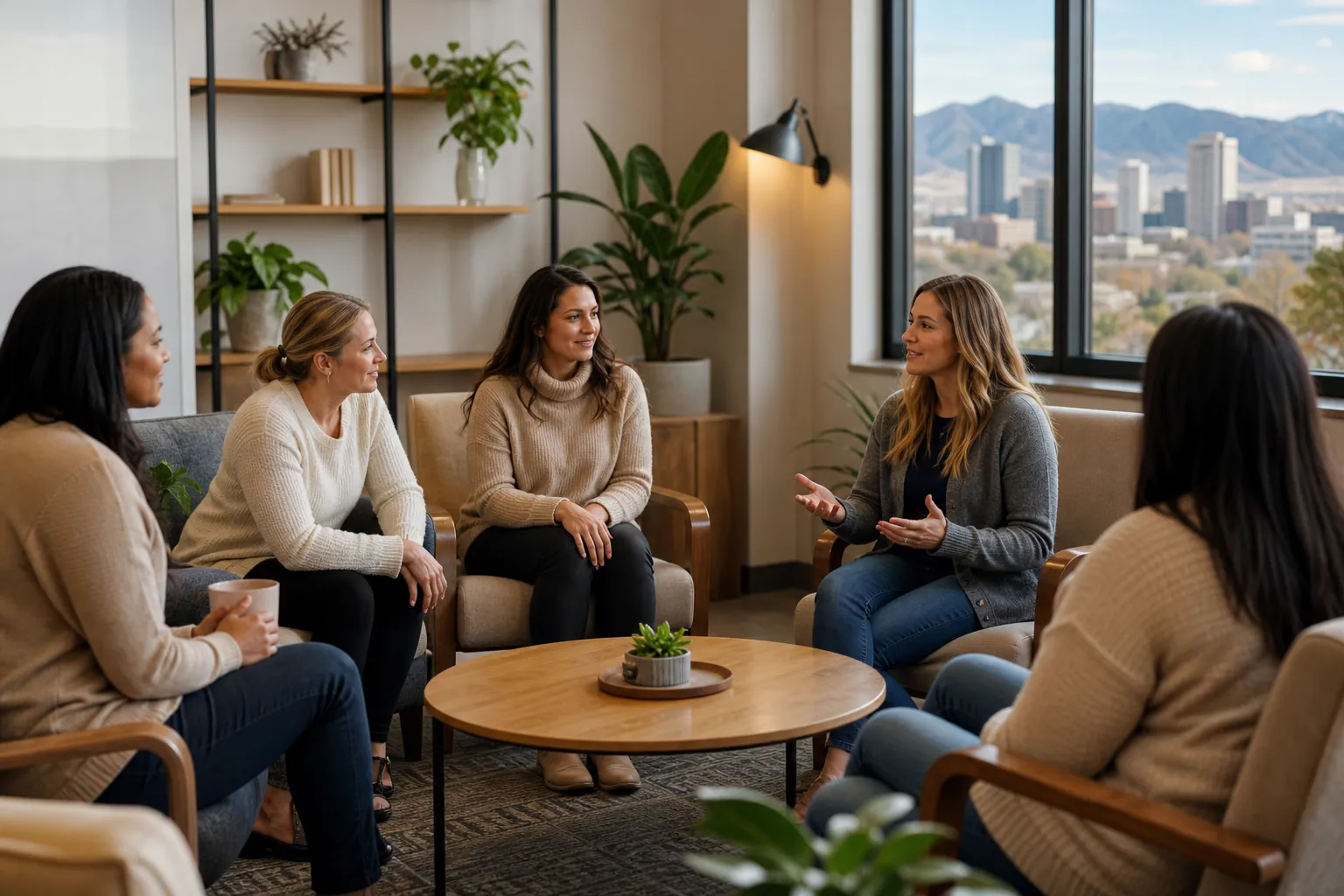 Women's Group Discussion in a Mountain-View Office Five women sit in a circle around a wooden coffee table, with city buildings and mountains visible through large windows.