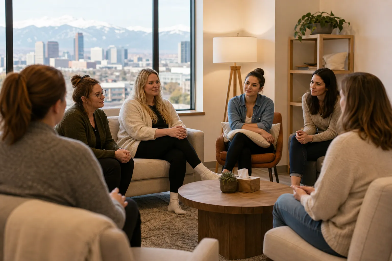 Women Seated in a Support Group Setting Six women sit in a circle in a bright lounge with a coffee table, city skyline and snowy mountains outside.
