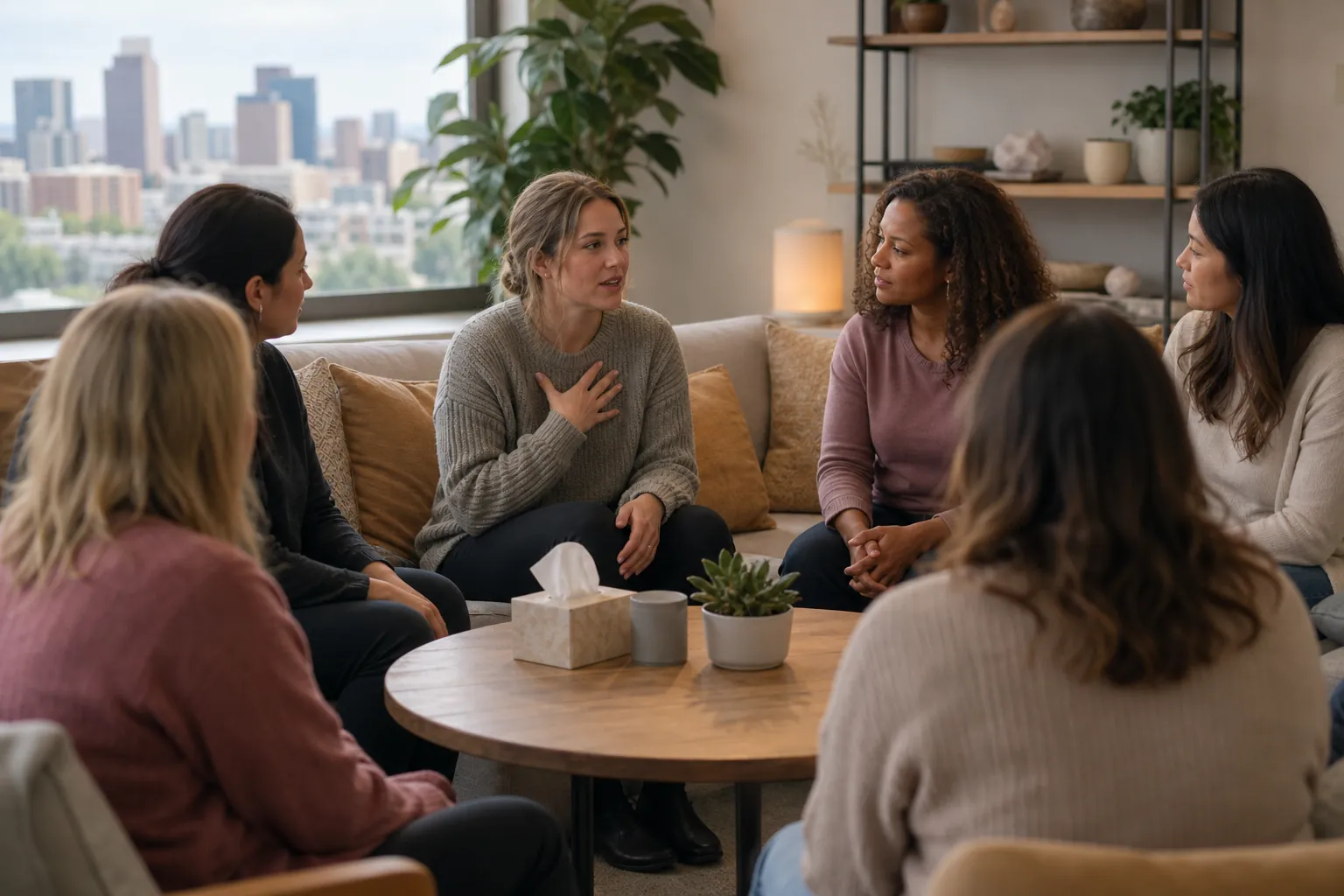 Women Gather for a Supportive Group Discussion Six women sit in a discussion circle around a wooden coffee table in a bright room overlooking a city skyline.