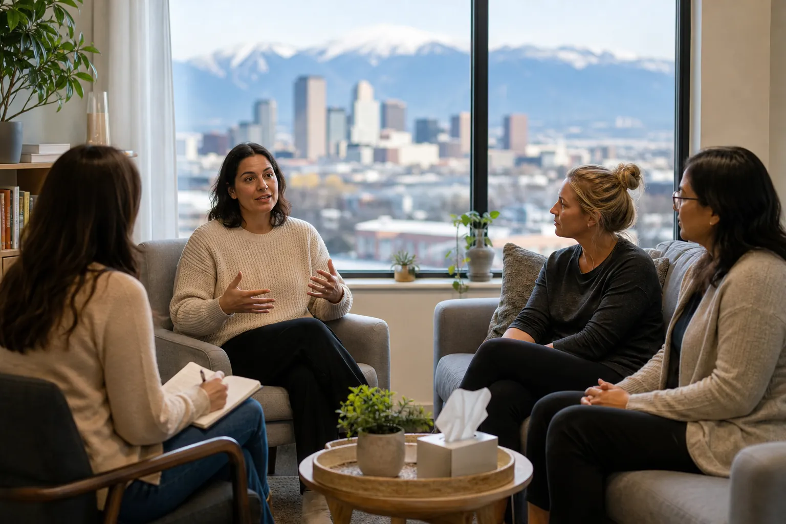 Women in a Group Discussion With City and Mountain Views Four women sit in a discussion circle, one taking notes, with a city skyline and snowcapped mountains outside a large window.