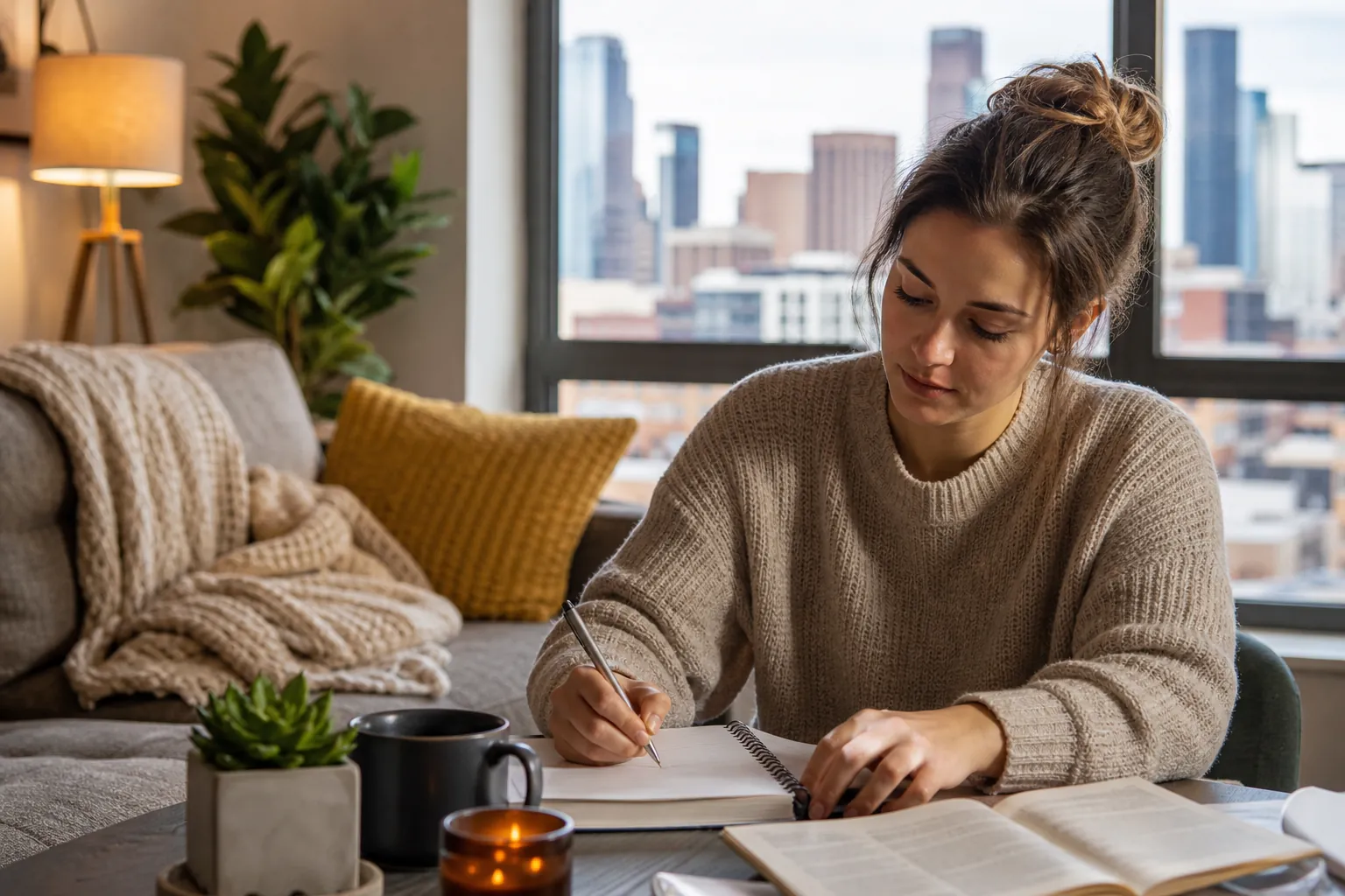 Woman Writing in a Notebook at Home A woman writes in a spiral notebook at a table with an open book, mug, candle, and plant beside a city-view window.
