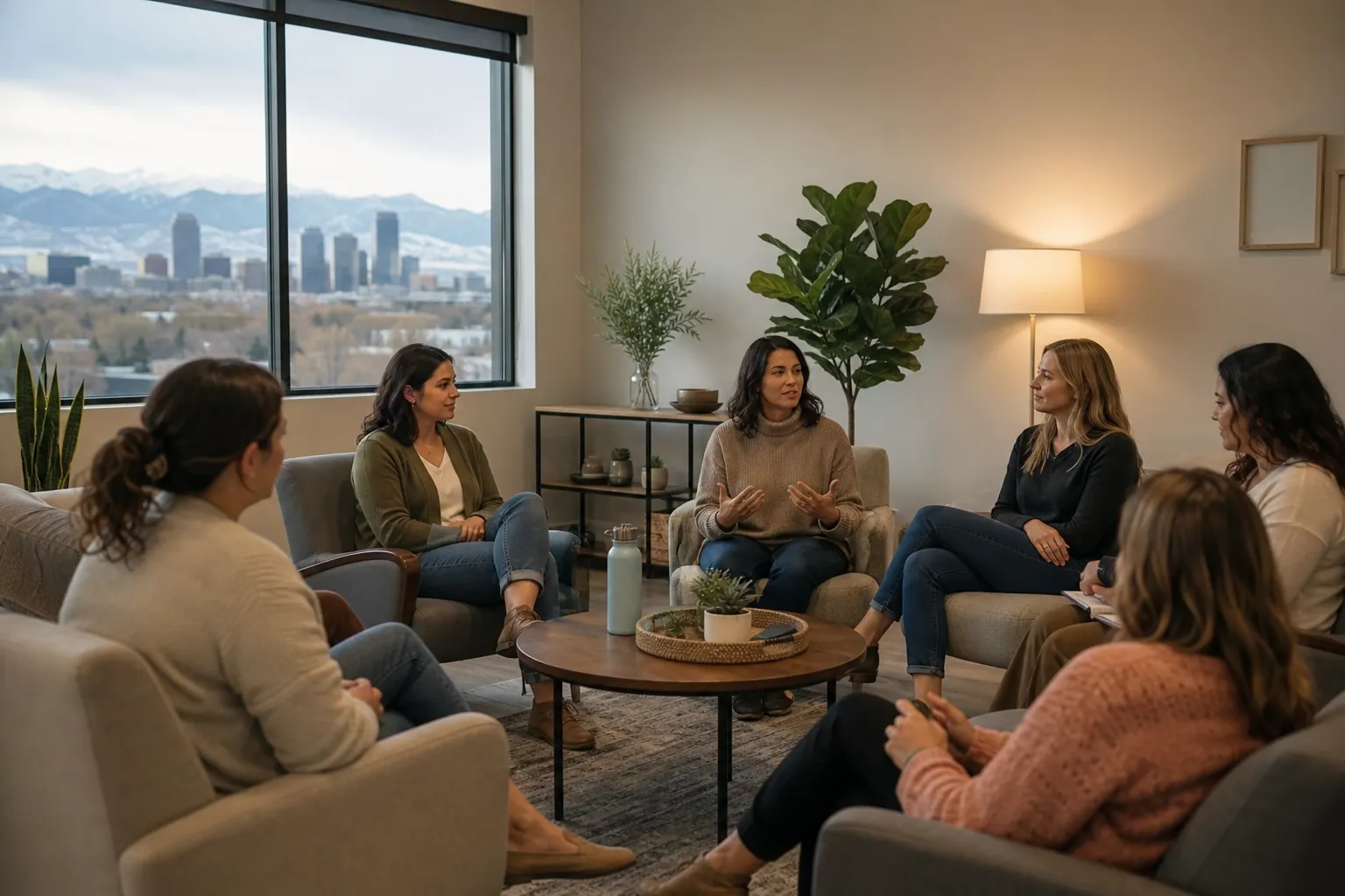 Women in a Group Discussion With City and Mountain Views Six women sit in a circle around a coffee table, with a city skyline and mountains visible through a large window.