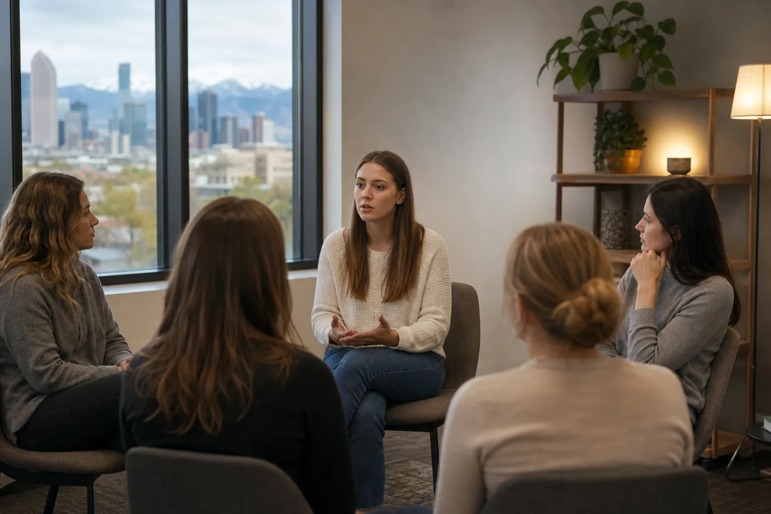 Women in a Group Discussion Overlooking the City Five women sit in a circle for a group discussion in an office overlooking a city skyline and distant mountains.