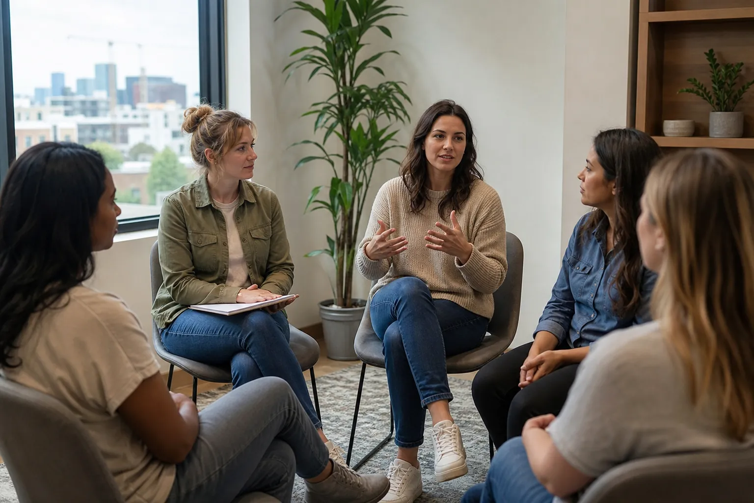 Women Participating in a Group Discussion Five women sit in a circle in a bright room, listening as one woman gestures during a group discussion.