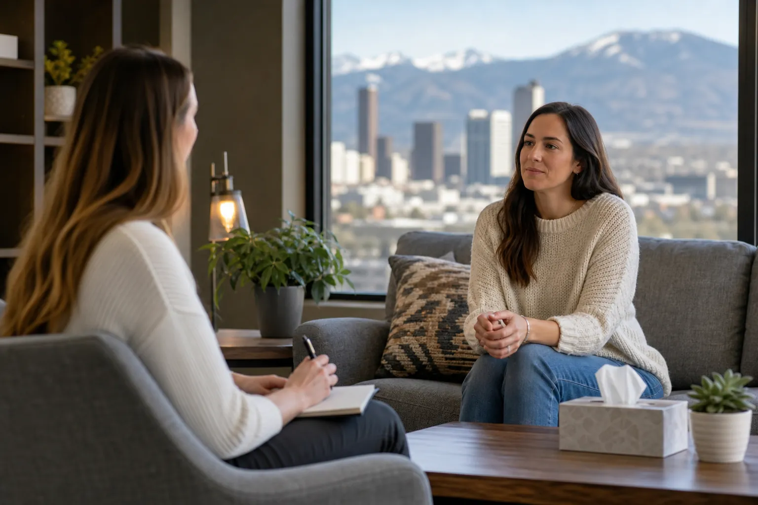 Women Meeting for Individual Therapy Two women sit facing each other in a therapy setting, one holding a notebook, with a city skyline and mountains outside.
