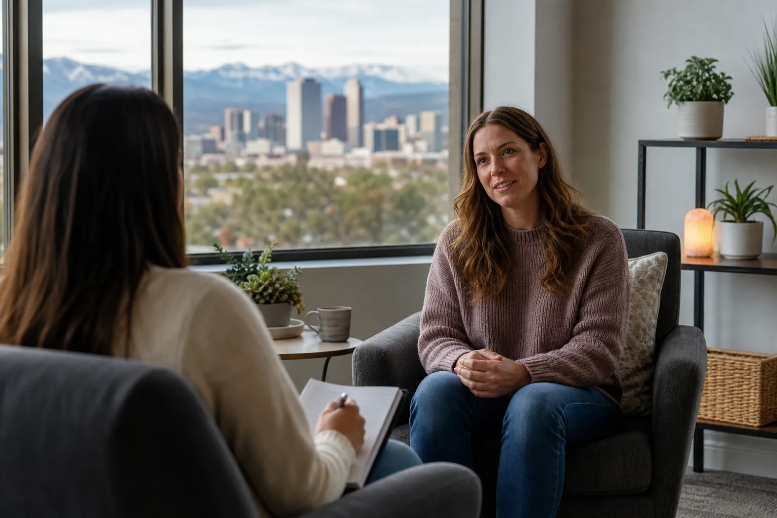 Woman Speaking With a Therapist in a Mountain-View Office A woman sits with clasped hands facing a note-taking therapist, with a city skyline and snowy mountains outside the office window.
