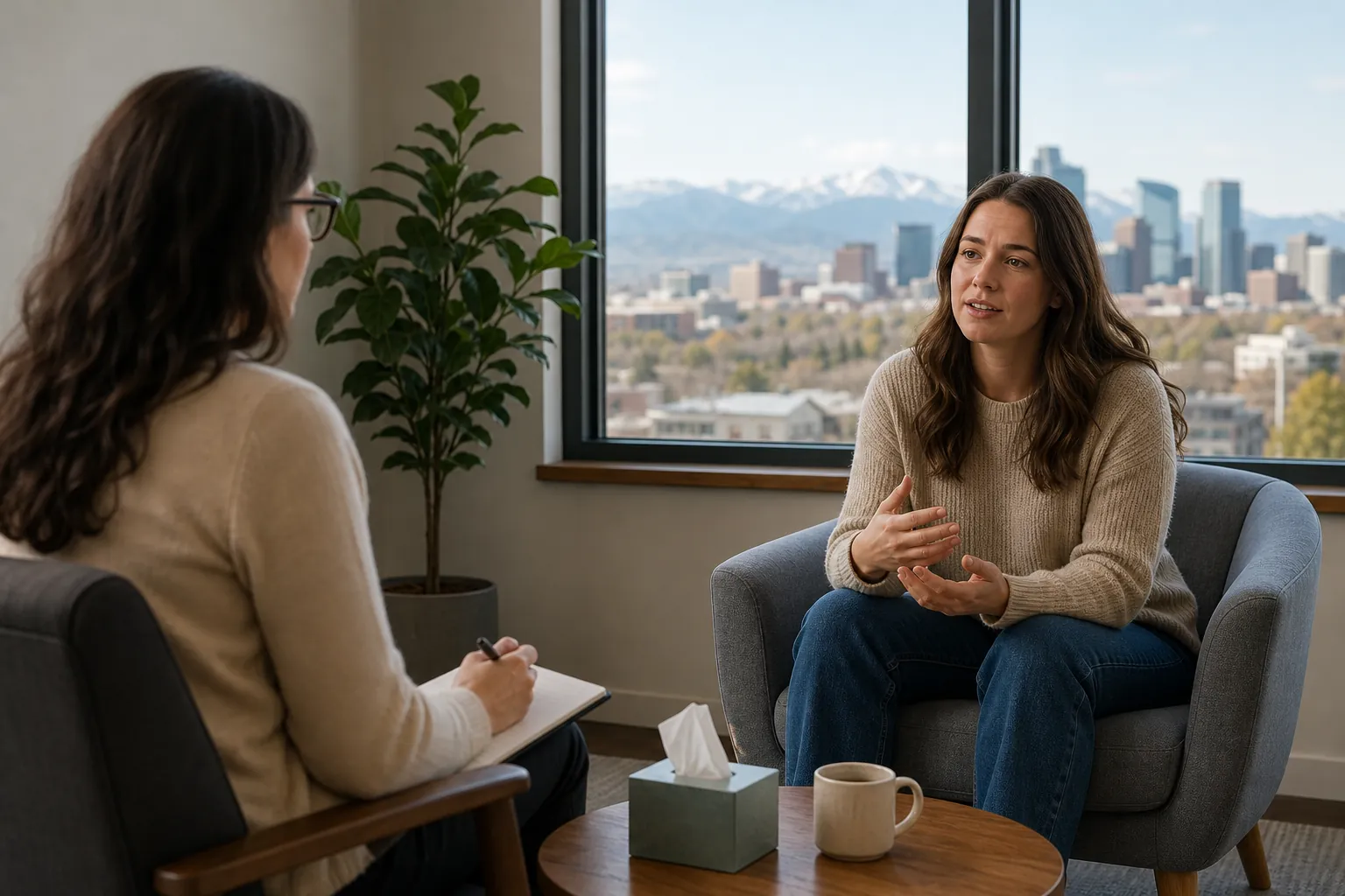 Woman Talking With a Therapist in a Windowed Office A woman gestures while talking with a therapist holding a notebook, with a city skyline and mountains outside the office window.