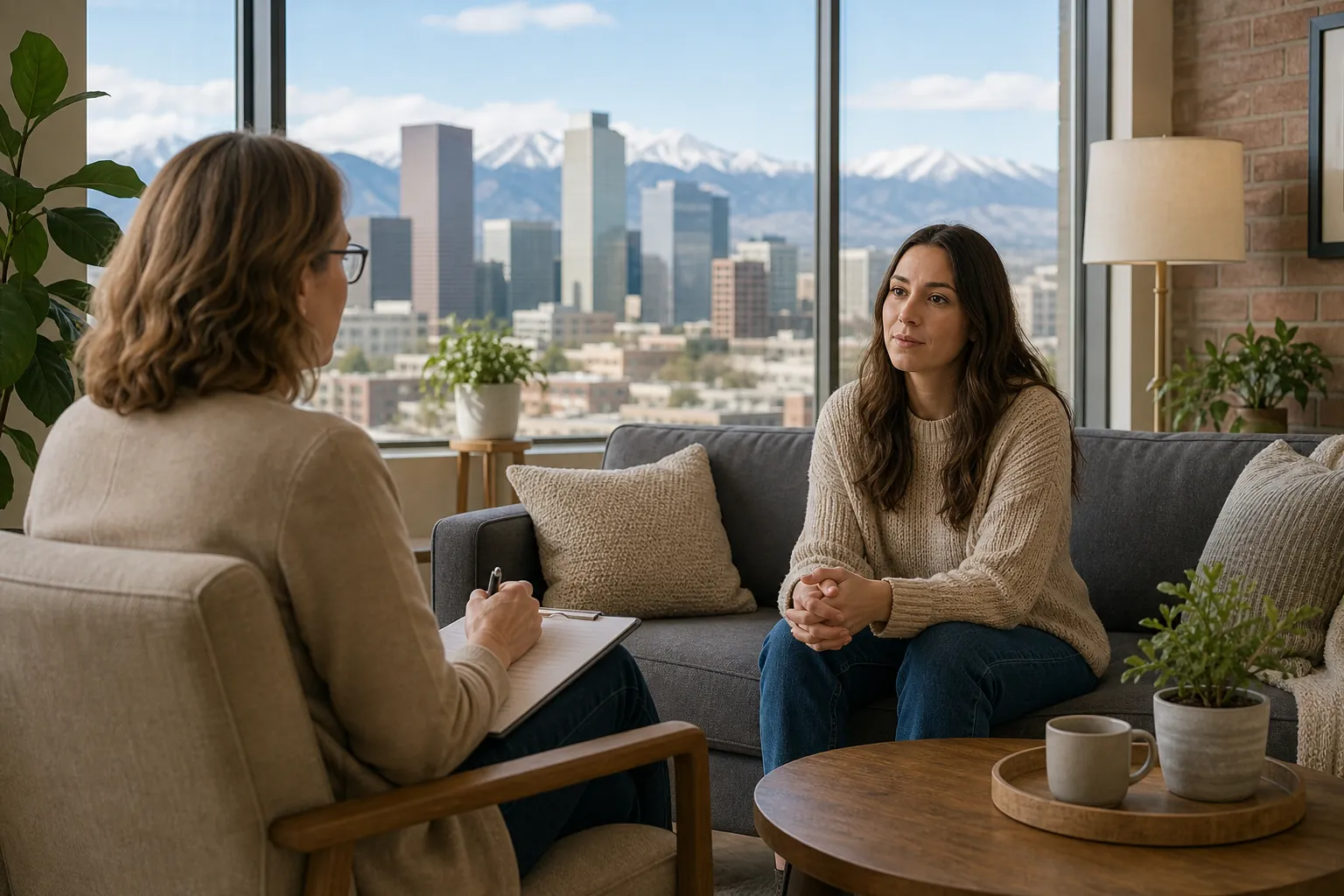 Individual Therapy Session in a City Office A woman sits on a gray sofa facing a therapist holding a clipboard, with a city skyline and snowy mountains outside.