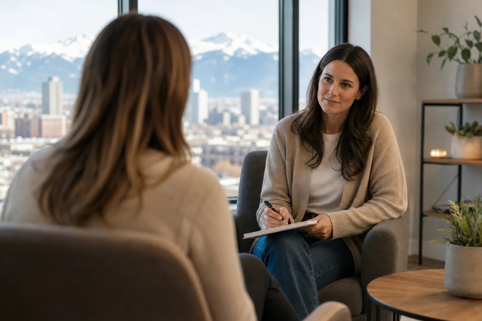 Individual Therapy Conversation in a Mountain-View Office A woman holding a pen and notepad listens to another woman in an office overlooking a city and snowcapped mountains.