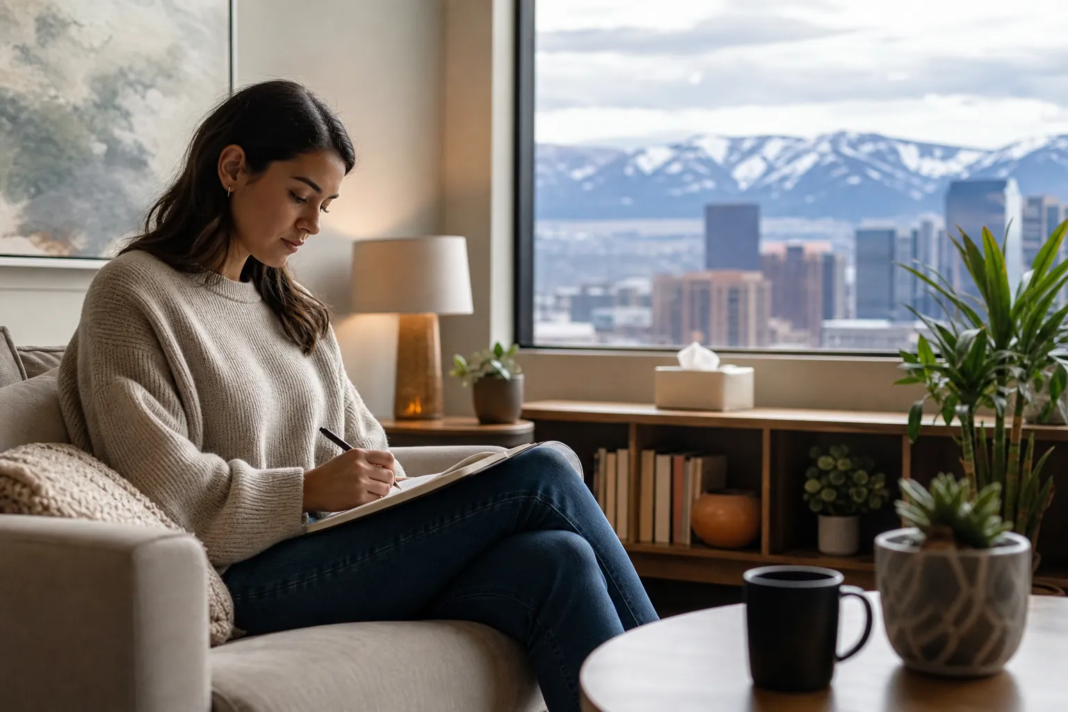 Woman Writing in a Notebook in a Quiet Office A woman writes in a notebook on her lap in a cozy office overlooking city buildings and snow-covered mountains.