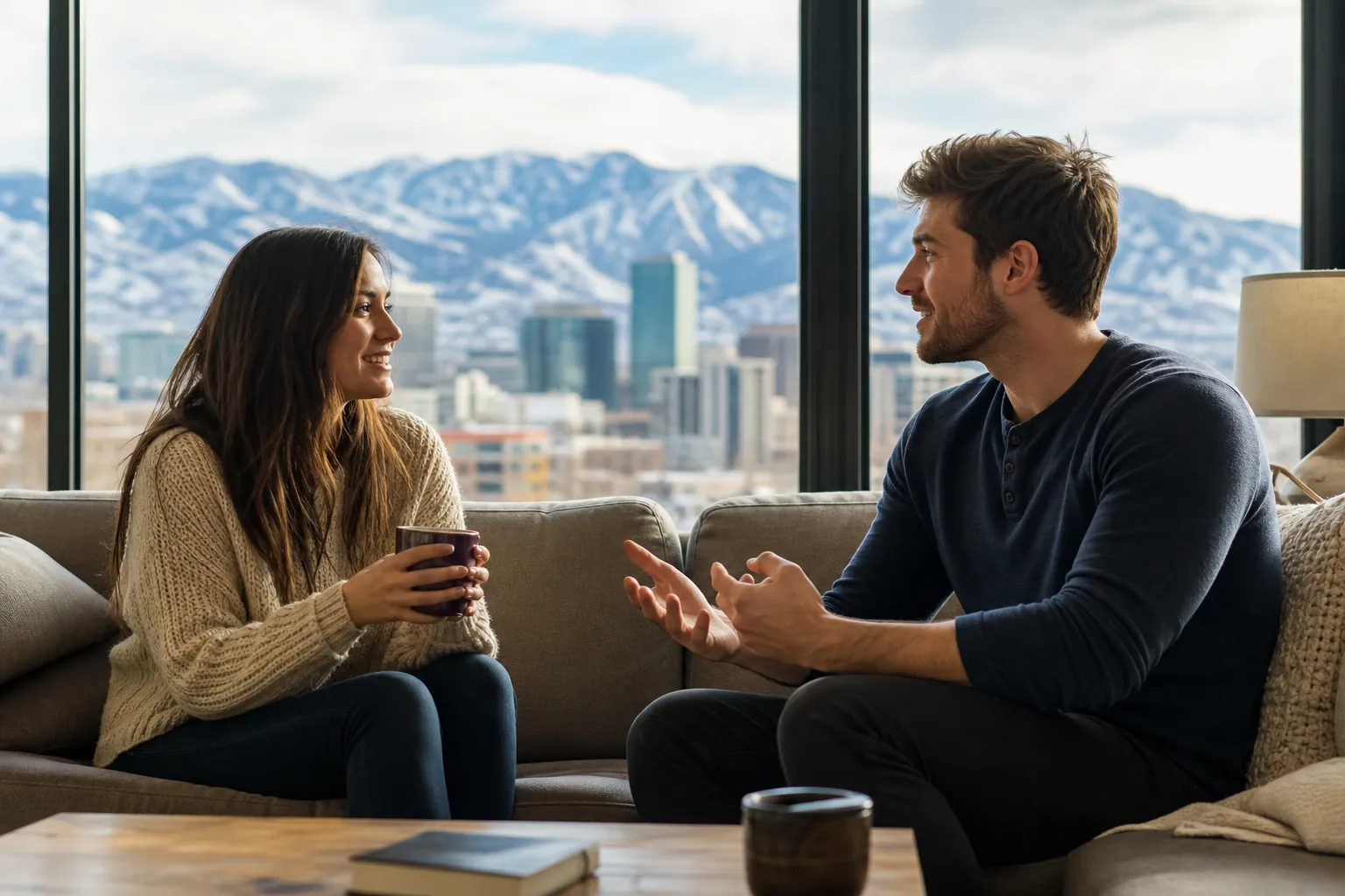 Woman and Man Talking on a Sofa With Mountain Views A woman holding a mug and a man gesturing sit facing each other on a sofa, with city buildings and snowy mountains outside.
