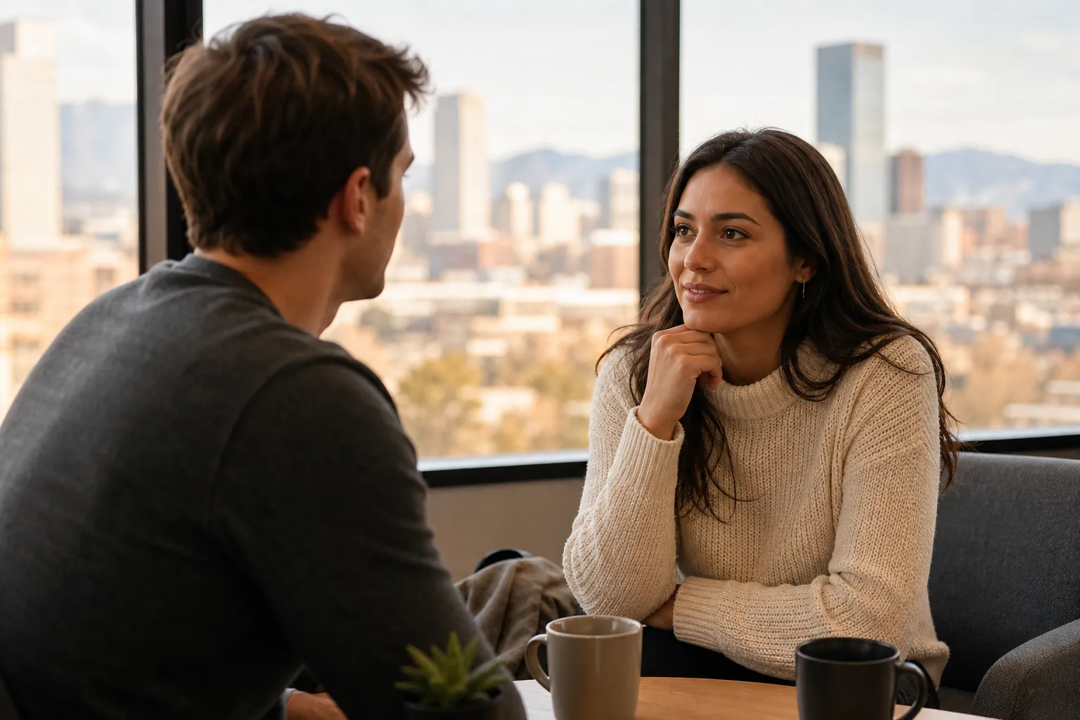 Attentive Conversation Across a Table by the Windows A woman in a cream sweater rests her chin on her hand while facing a man across a table with mugs beside large windows.