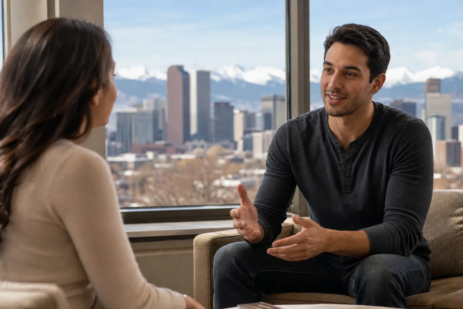 Man and Woman Talking Beside a City View A man gestures while talking with a woman seated opposite him, with a city skyline and snowy mountains beyond large windows.