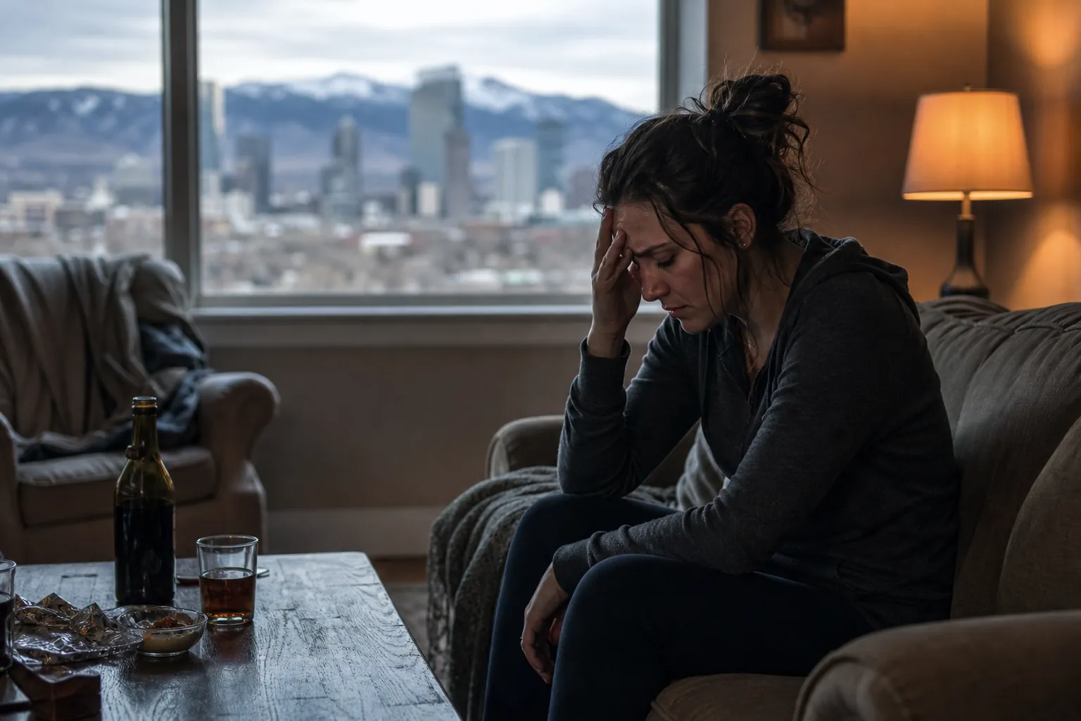 Woman Sitting Beside a Drink With Her Head Bowed A woman sits hunched on a couch with a hand to her forehead, beside a bottle and drink, with mountains beyond the window.