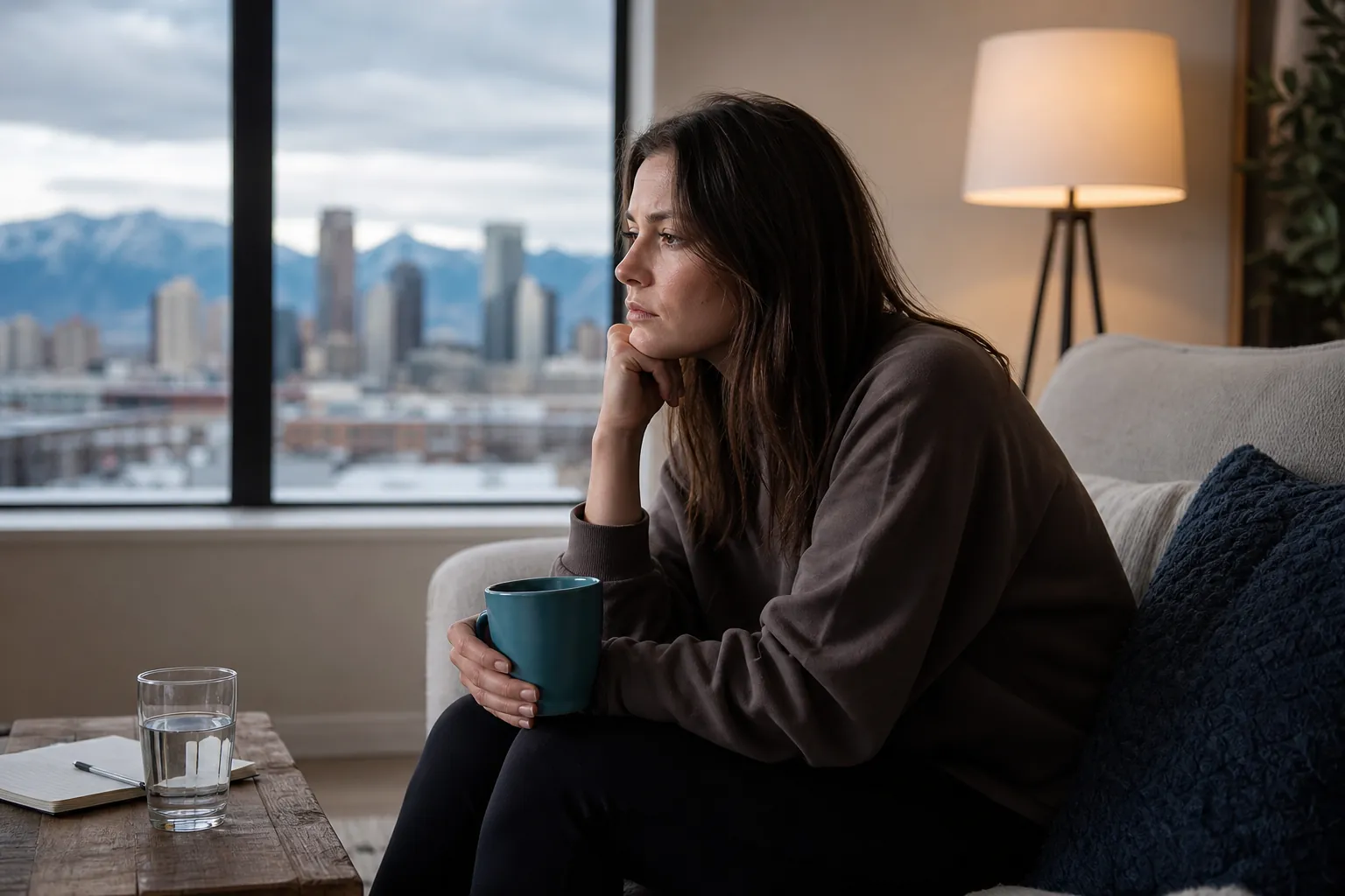 Pensive Woman Holding a Mug Beside a Window A pensive woman sits on a sofa holding a teal mug, resting her chin on her hand beside a window overlooking a city and mountains.
