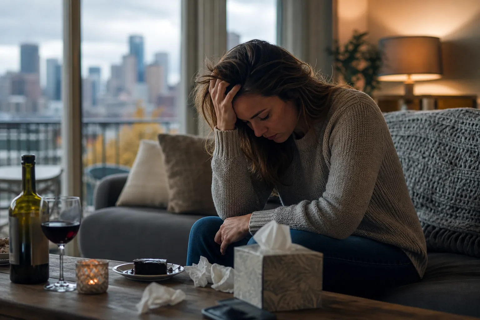 Distressed Woman on a Sofa Beside Wine and Tissues A woman sits hunched on a sofa with her hand on her forehead, beside tissues, a wine bottle, a filled glass, and cake.