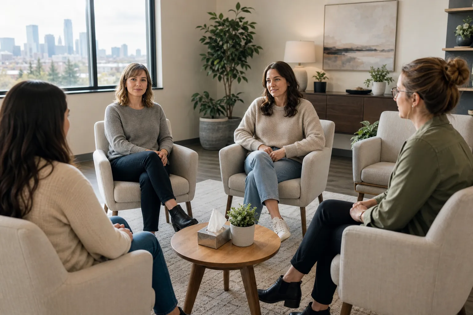 Women Sitting Together in a Bright Meeting Room Four women sit in armchairs around a small wooden table in a bright room with plants and a city skyline outside.