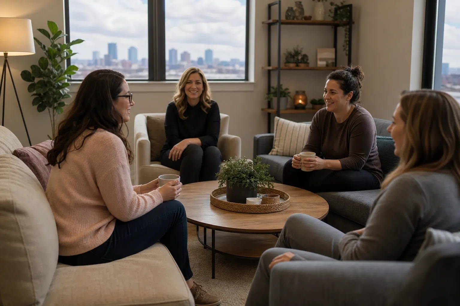 Four Women Gather in a Comfortable Lounge Four women sit around a wooden coffee table in a bright lounge, two holding mugs, with plants and a city skyline behind them.