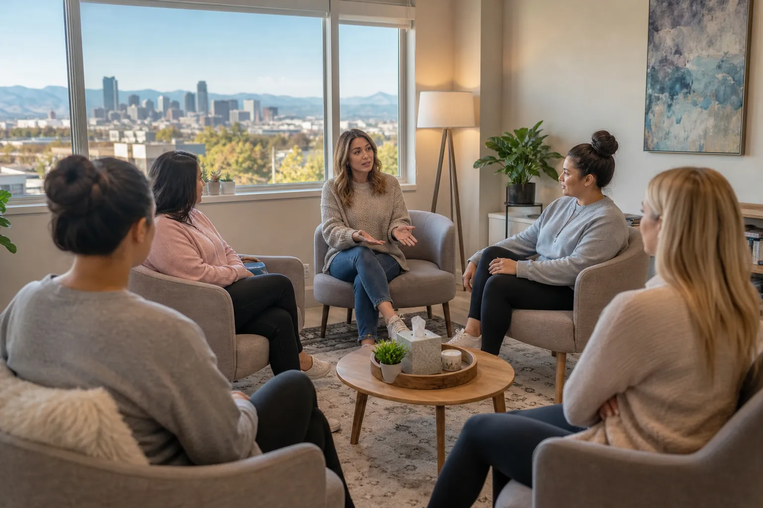 Women in a Group Discussion in a Bright Lounge Five women sit in a circle in a bright lounge, one gesturing as others listen, with a city skyline visible through large windows.
