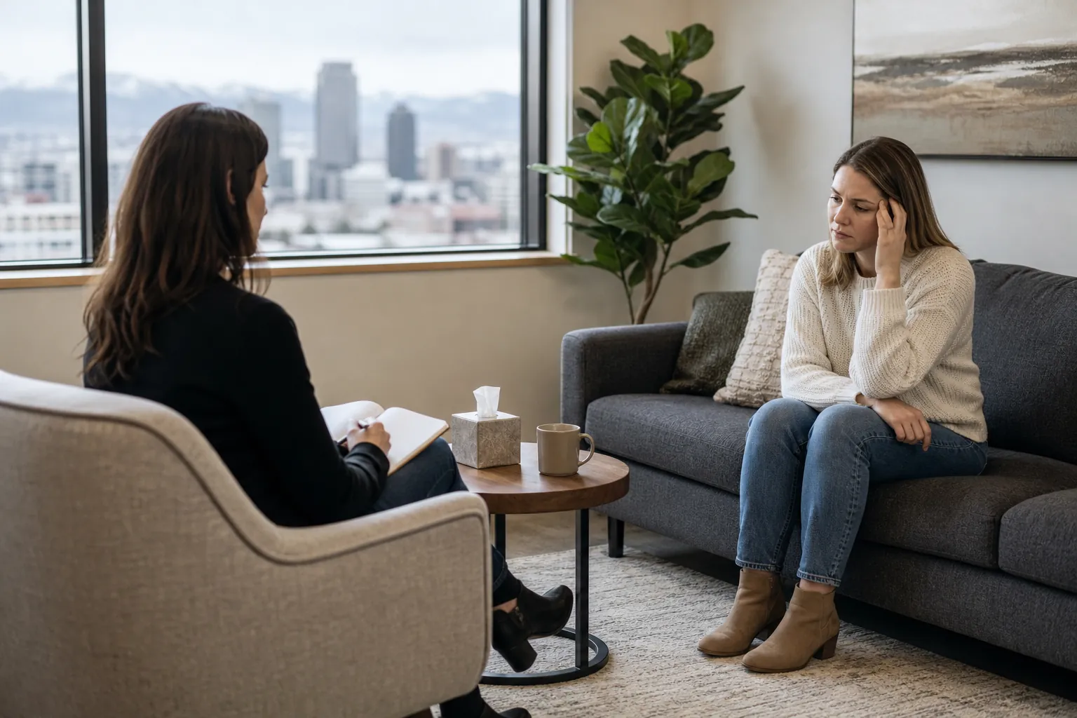 Woman Speaking With a Counselor in an Office A woman sits on a gray sofa with a hand at her temple, facing a counselor holding a notebook in a bright office.