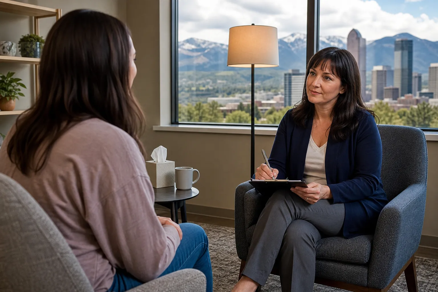One-on-One Assessment in an Office With Mountain Views Two women sit facing each other in an office, one holding a pen and clipboard, with city buildings and mountains outside.
