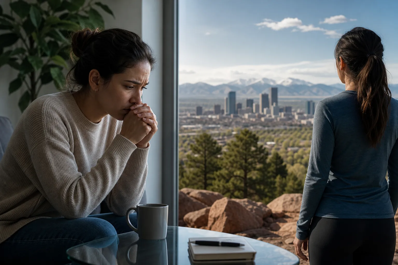 Worried Woman Beside a Window With City and Mountain Views A worried woman sits with clasped hands near her mouth while another woman faces a window overlooking a city and mountains.
