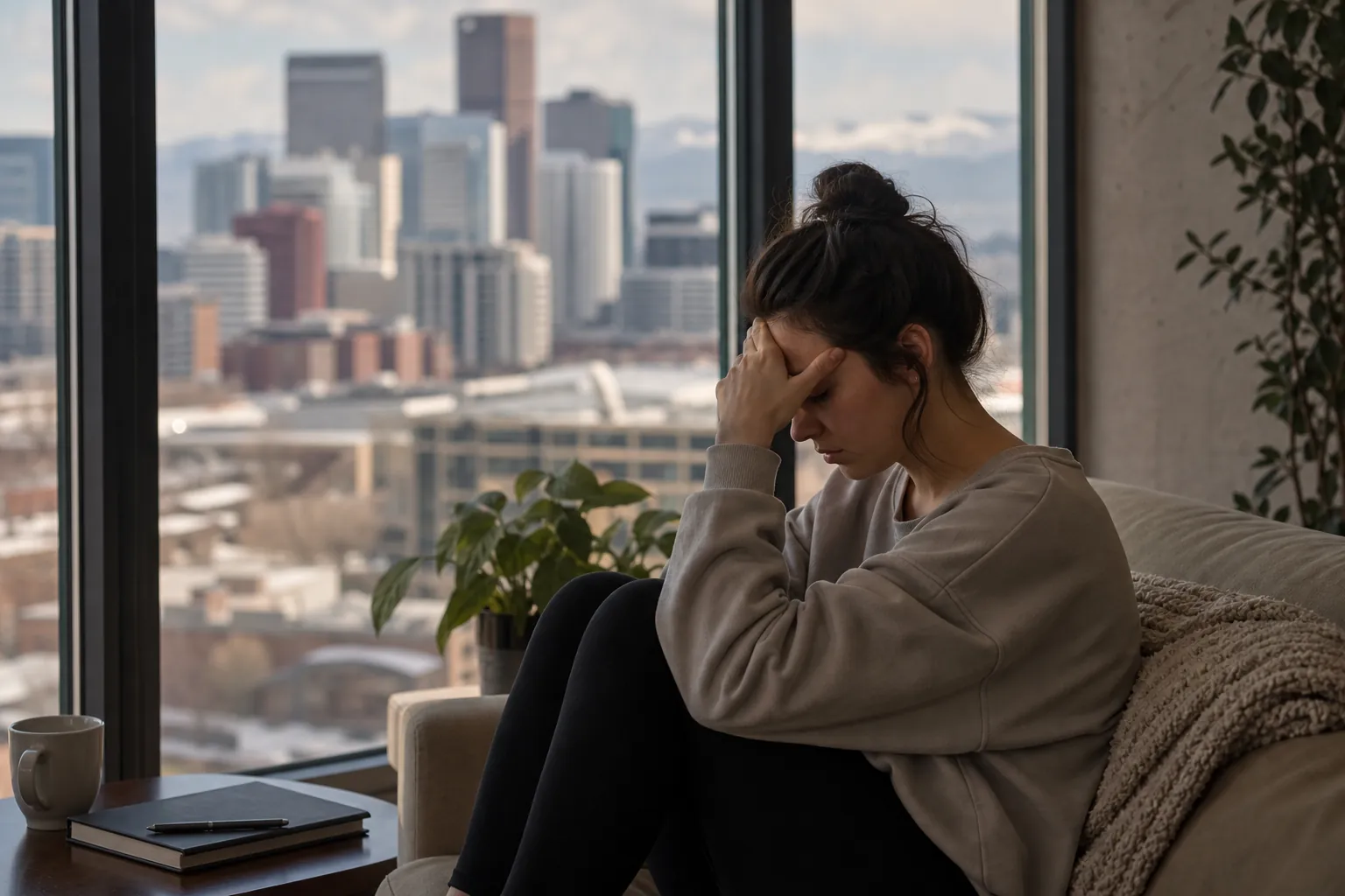 Woman Sitting on a Sofa With Her Hand to Her Forehead A woman sits curled up on a sofa with her hand against her forehead beside a large window overlooking city buildings.