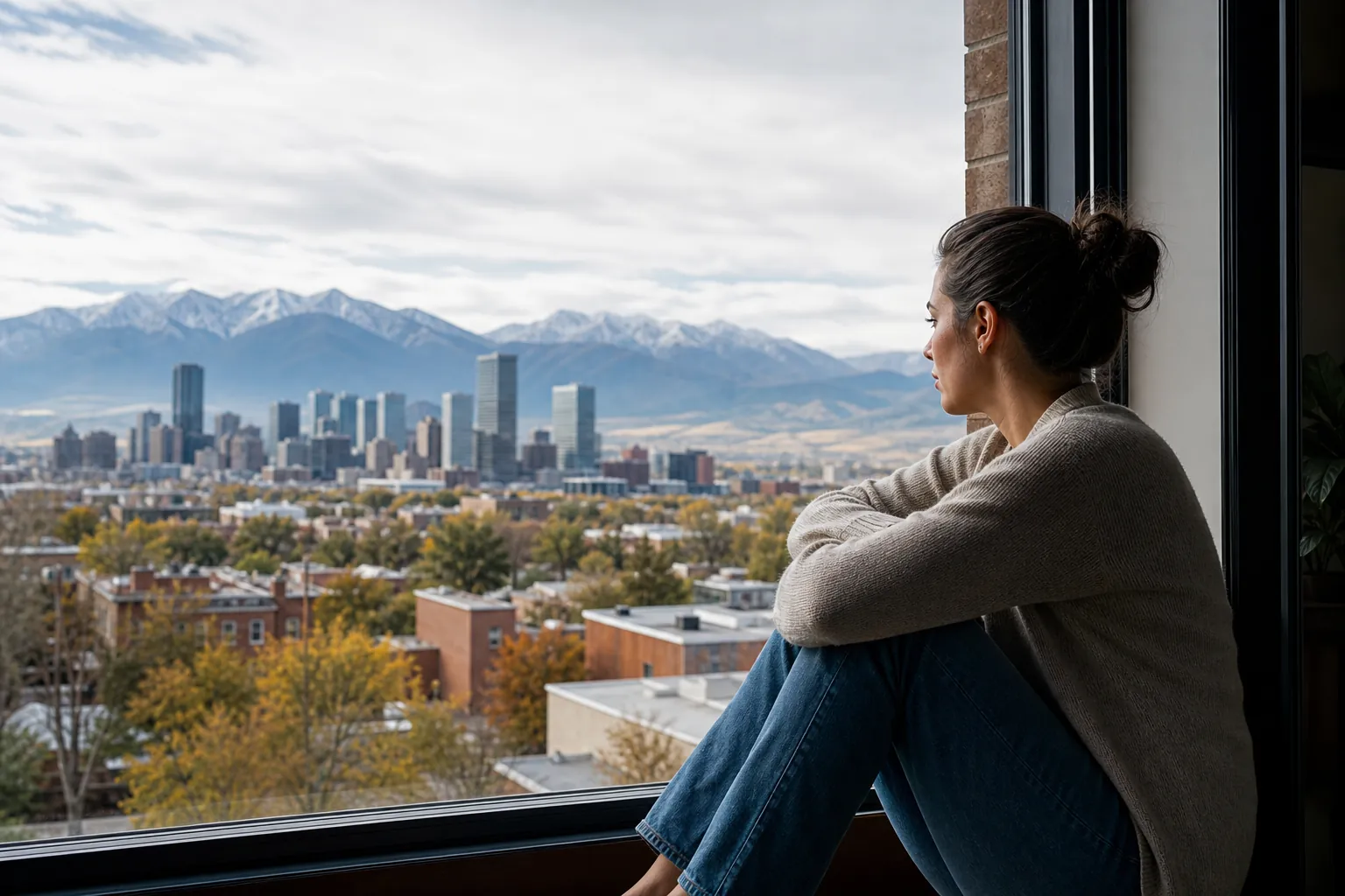 Woman Sitting by a Window Overlooking City and Mountains A woman in a gray sweater sits with her knees drawn up beside a large window overlooking a city skyline and mountains.