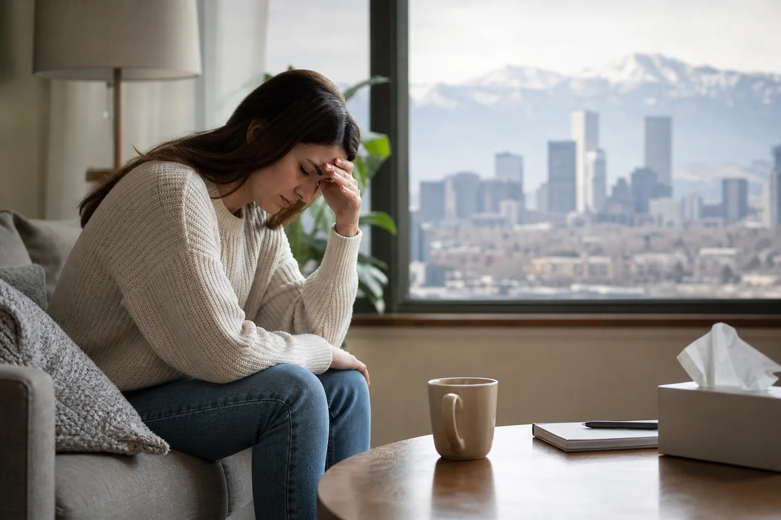 Woman Looking Distressed Beside a City View A woman sits leaning forward with a hand on her forehead, beside tissues and a mug, with a city skyline and mountains outside.