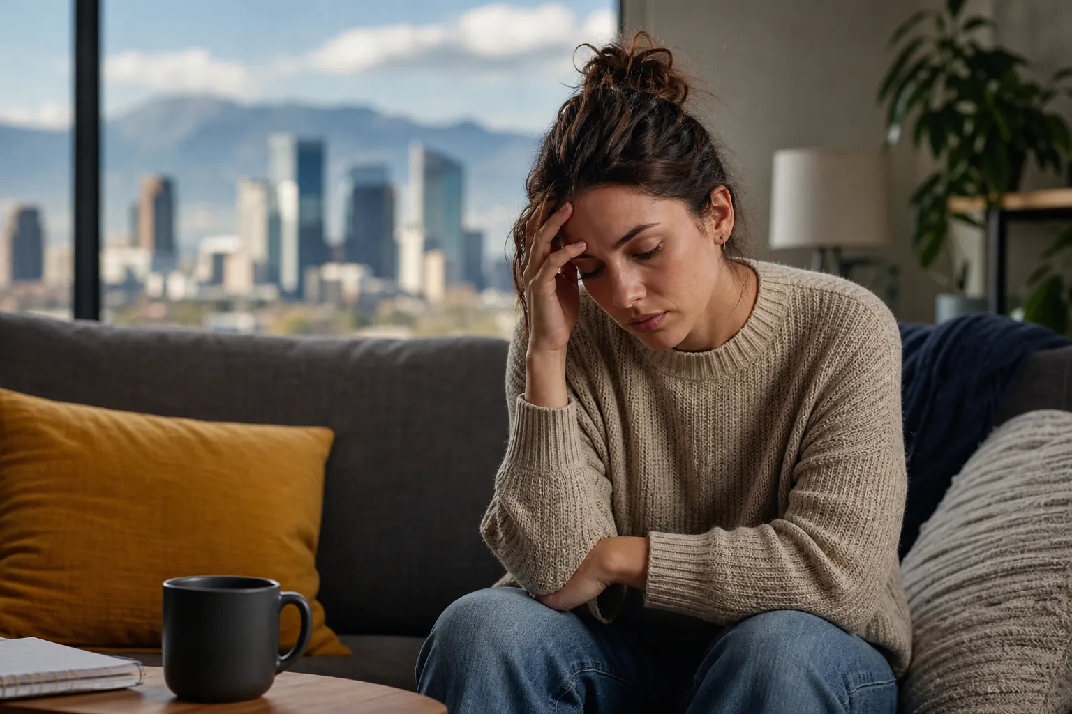 Woman Sitting Pensively on a Sofa With City Views A woman sits leaning forward on a sofa with one hand against her forehead, with a city skyline and mountains outside the window.