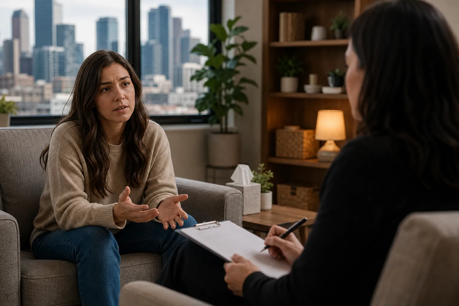 Woman Speaking With a Clinician During an Assessment A woman gestures while speaking with a clinician holding a clipboard in an office overlooking a city skyline.