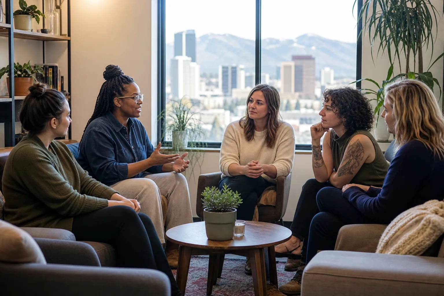 Women Sharing a Supportive Group Conversation Five women sit in a circle around a small coffee table, listening as one speaks in a bright room with plants and city views.
