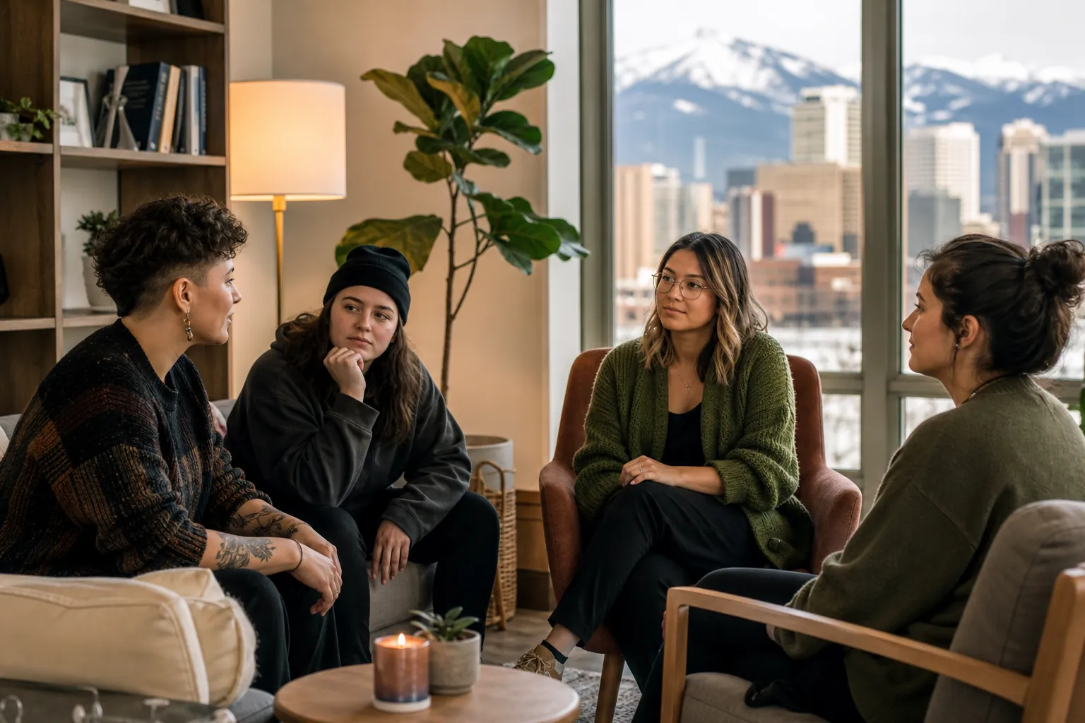 Small Group Conversation in a Welcoming Sitting Room Four people sit facing one another in a cozy room with plants, a candle, and large windows overlooking a city and mountains.