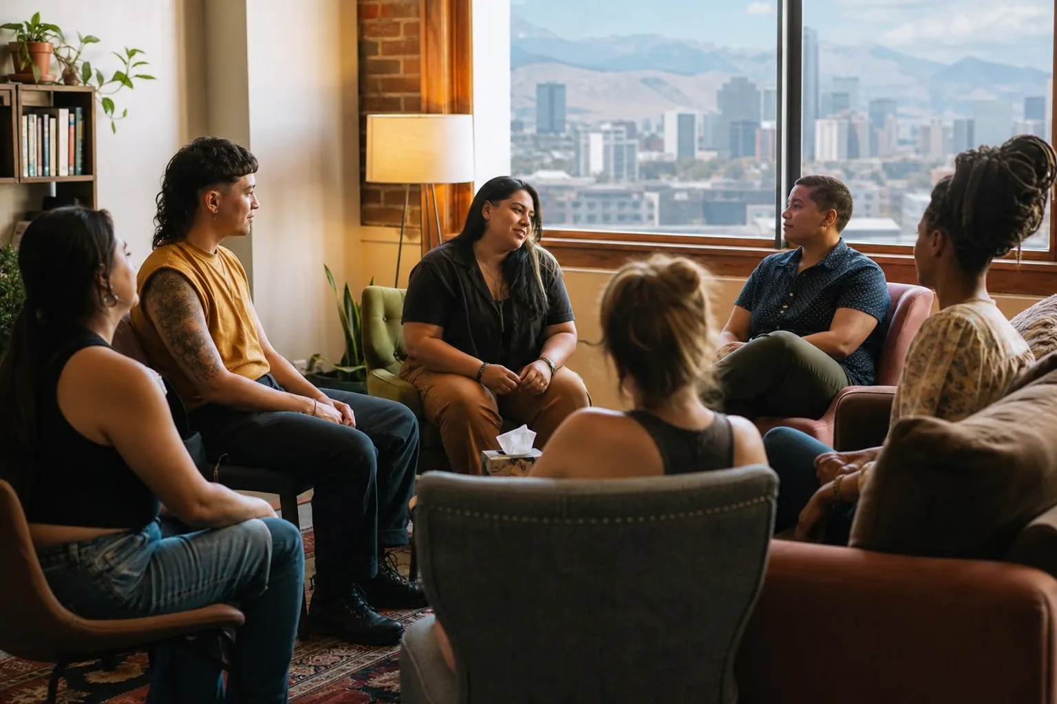 Group Conversation in a Welcoming Indoor Space Six adults sit in a circle in a cozy room with plants, bookshelves, and large windows overlooking a city.