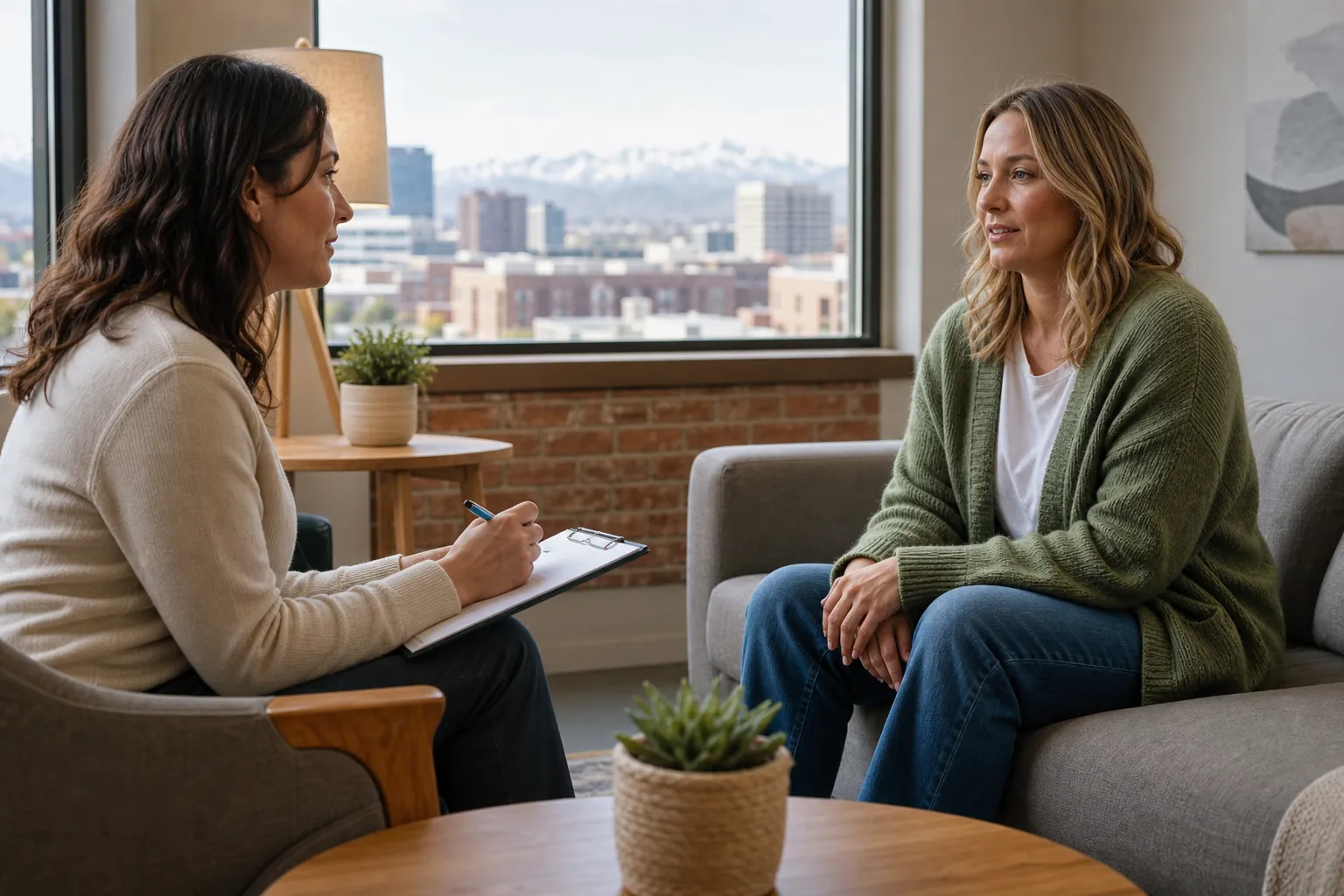 One-on-One Counseling in a Mountain-View Office Two women sit facing each other in an office, one holding a pen and clipboard, with city buildings and mountains outside.