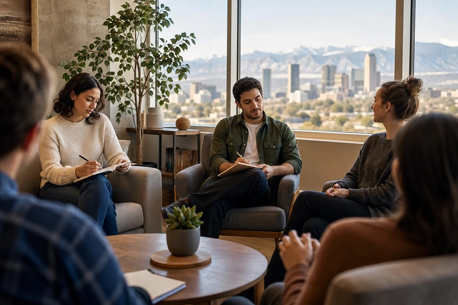 Group Discussion With Note-Taking and Mountain Views Five adults sit in a discussion circle, two taking notes, beside large windows overlooking a city skyline and mountains.