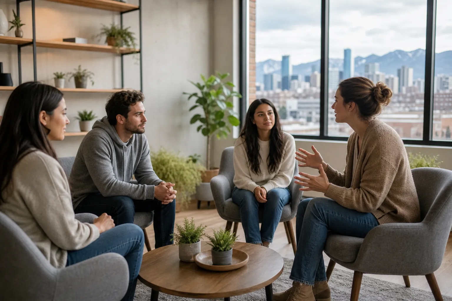 Group Discussion in a Bright Counseling Space Four adults sit in a circle around a wooden coffee table as one woman gestures, with city buildings and mountains outside.