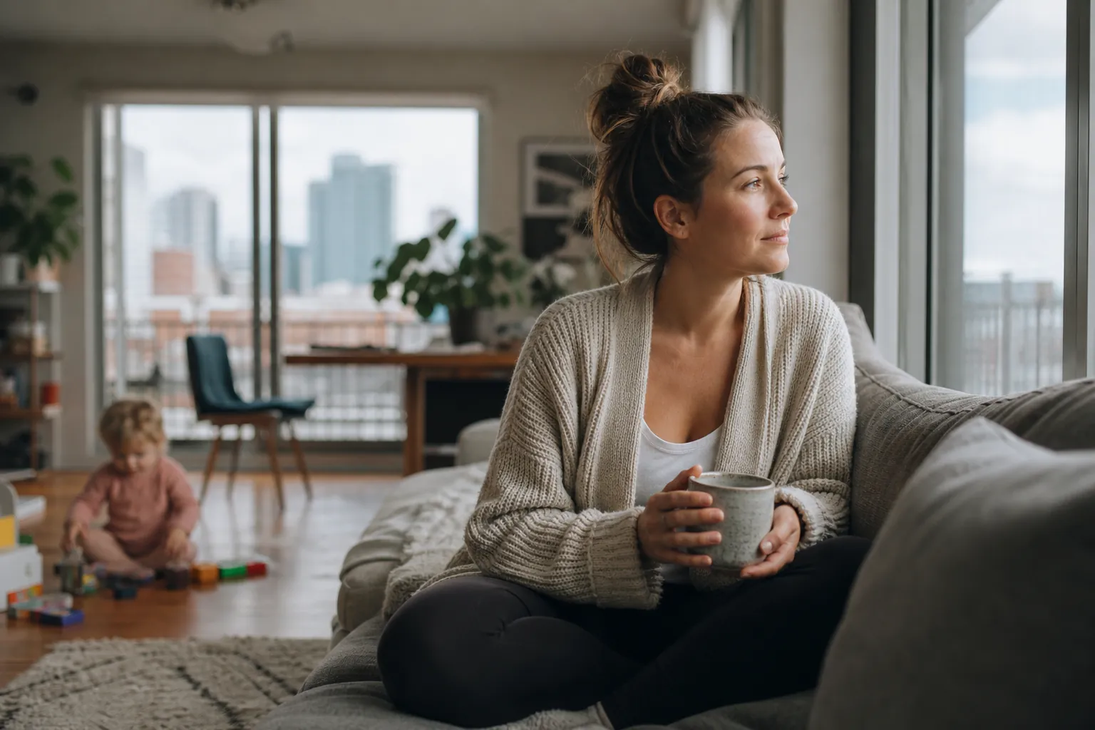 Woman Holding a Mug While a Toddler Plays Nearby A woman sits cross-legged on a gray sofa, holding a mug and looking out a window while a toddler plays with blocks behind her.