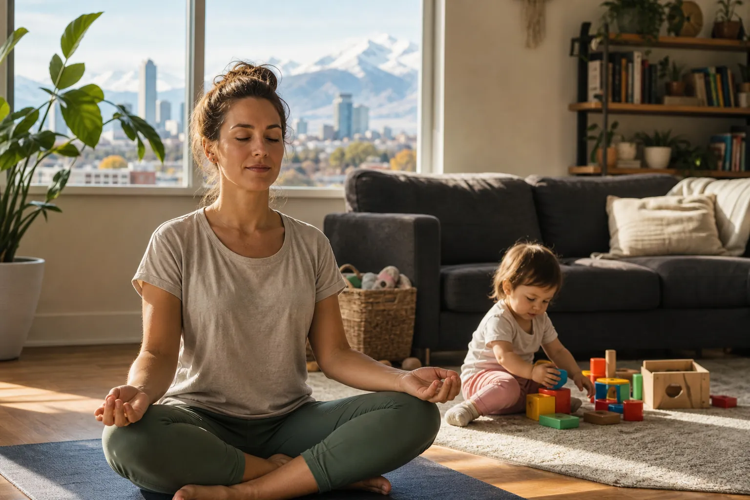 Mother Meditating While a Toddler Plays Nearby A woman meditates on a blue mat while a toddler plays with blocks nearby, with a city and snowy mountains outside the window.