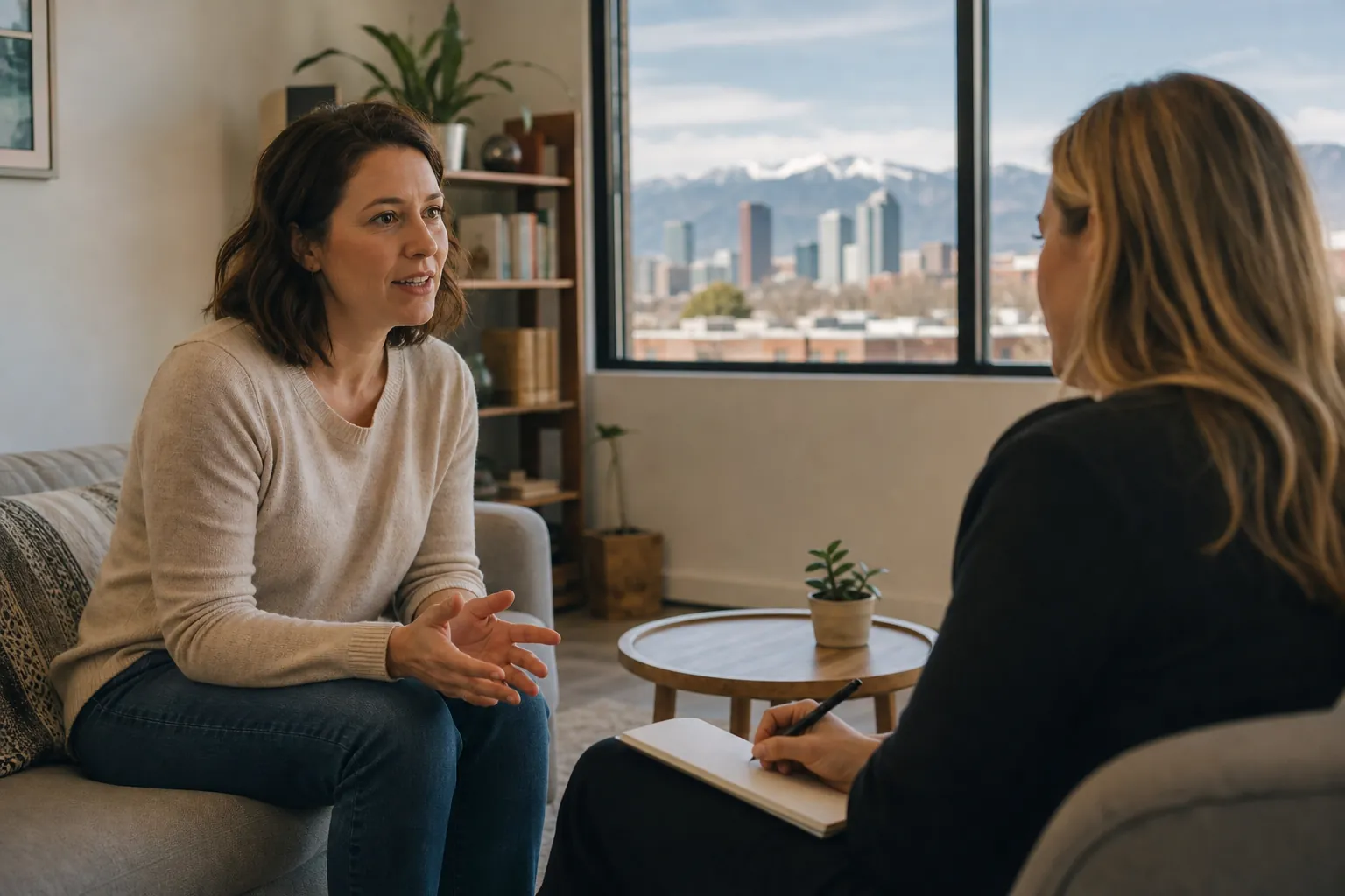Woman Talking With a Therapist in a Mountain-View Office A woman talks with a note-taking therapist in a bright office overlooking a city skyline and snowcapped mountains.