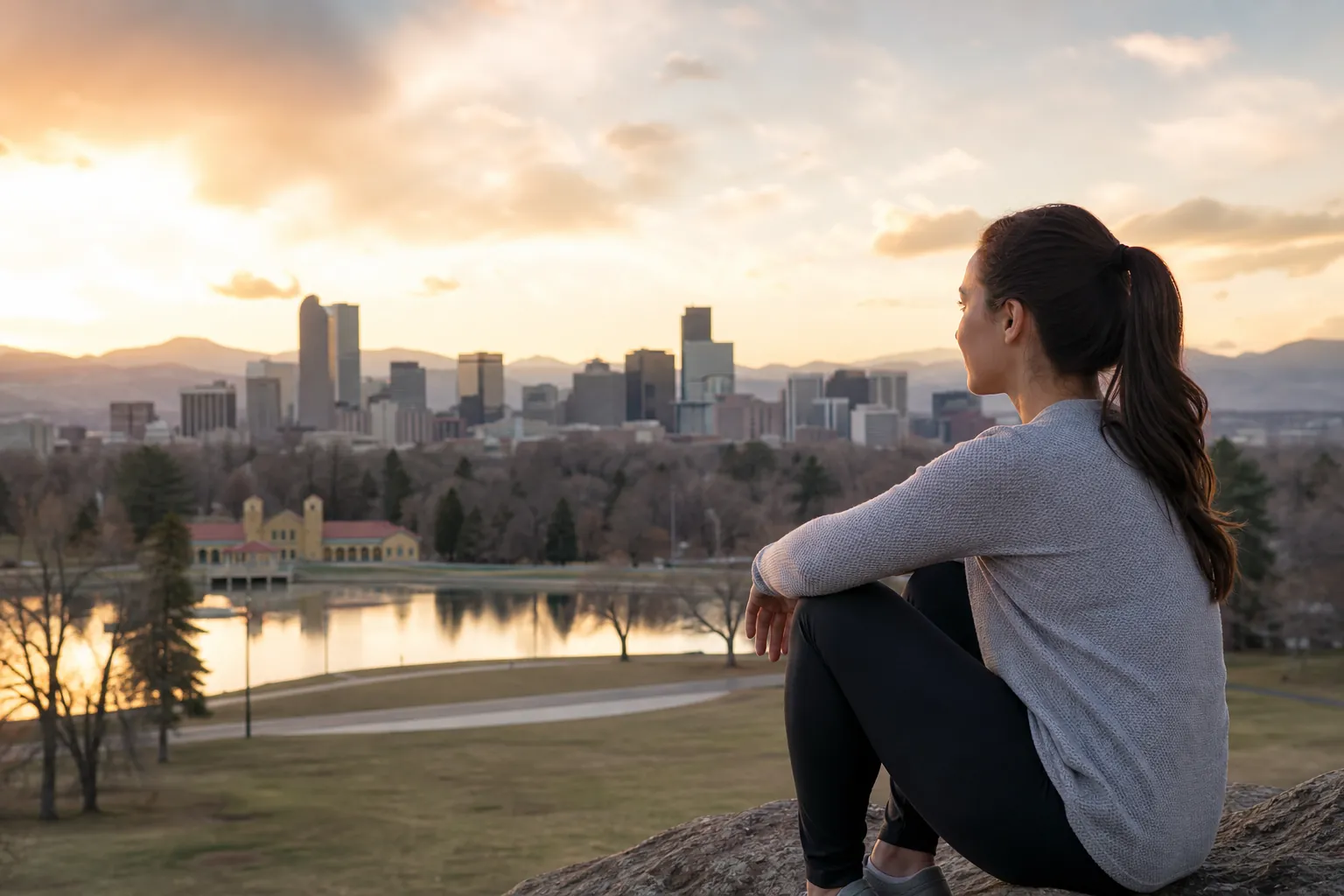 Woman Overlooking a City Skyline at Sunset A woman sits on a rock overlooking a park lake, city skyline, and distant mountains at sunset.