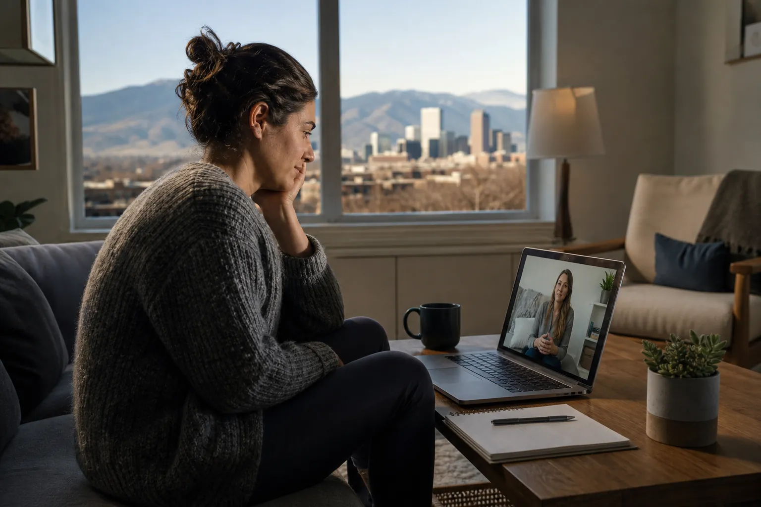 Video Counseling at Home With City and Mountain Views A woman sits on a sofa during a laptop video call, with a city skyline and mountains visible through the window.