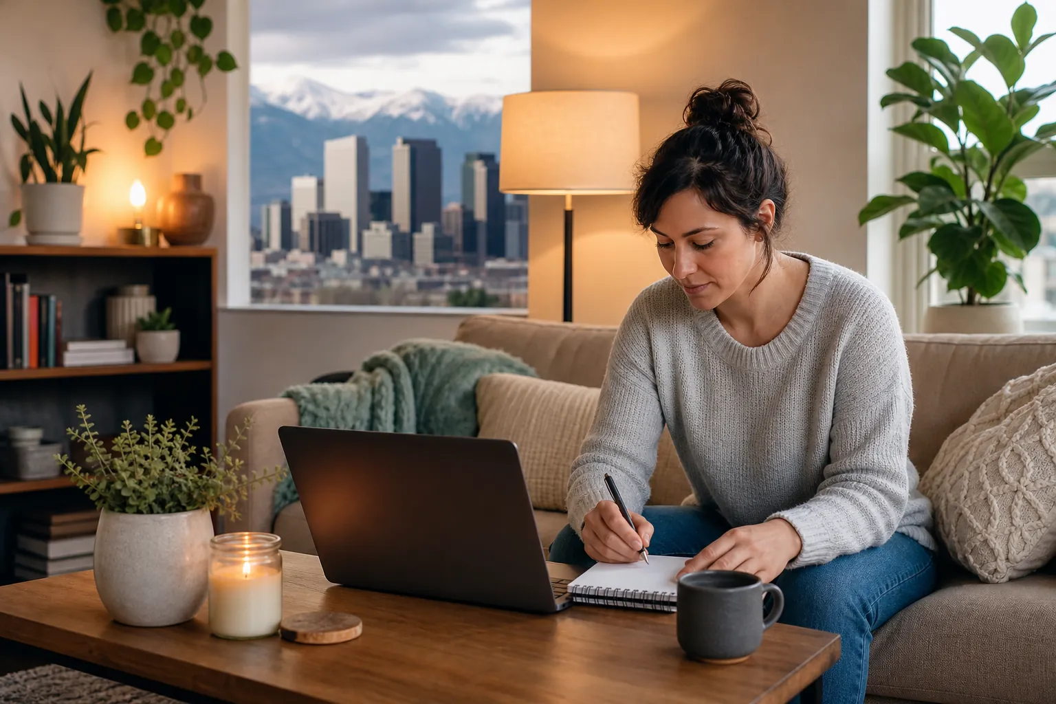 Woman Writing in a Notebook Beside a Laptop A woman sits on a sofa writing in a notebook beside an open laptop, with plants and a mountain city view behind her.