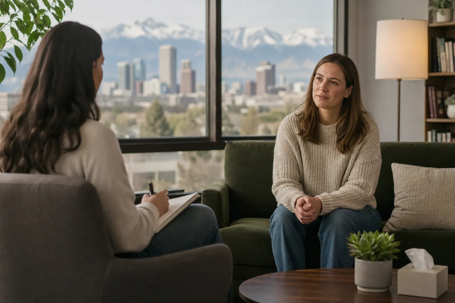 One-on-One Conversation in a Counseling Office A woman sits with clasped hands on a green sofa, facing a woman holding a pen and notebook in a bright counseling office.