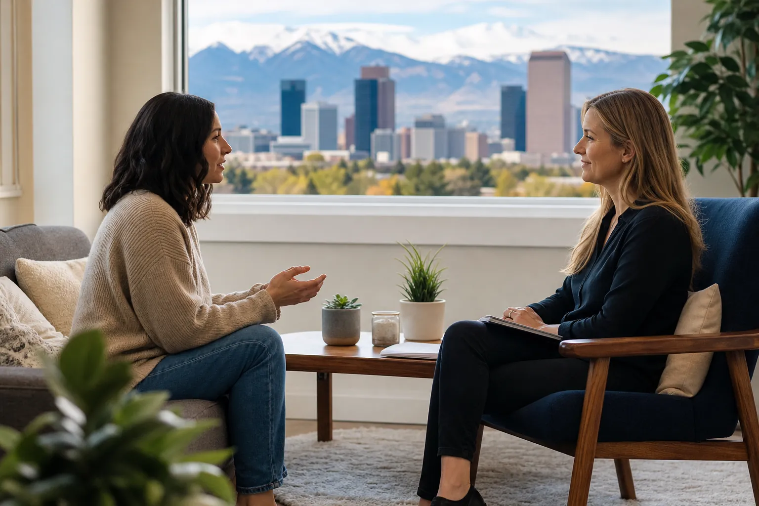 Two Women Talking in a Bright Counseling Office Two women sit facing each other in a bright office, one gesturing while the other listens with a notebook on her lap.