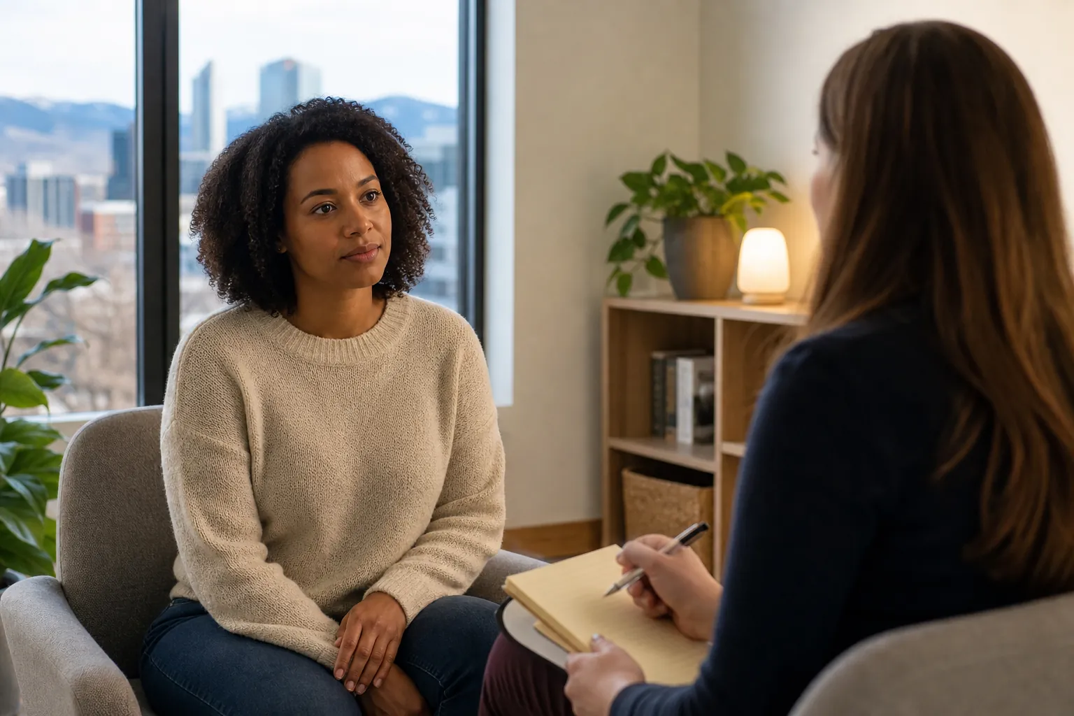 One-on-One Mental Health Assessment Conversation A woman sits with her hands in her lap, facing another woman holding a pen and notepad in a softly lit office.